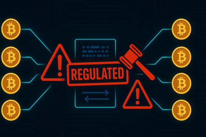 Diagram of a CoinJoin transaction with multiple Bitcoin inputs and outputs on a dark circuit-board background, overlaid by bright red regulatory warning signs and a ‘REGULATED’ stamp