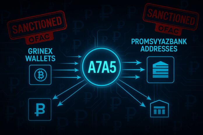 Network diagram showing A7A5 token flows from Grinex wallets to Promsvyazbank-linked addresses against a backdrop of rouble symbols and OFAC sanction stamps.