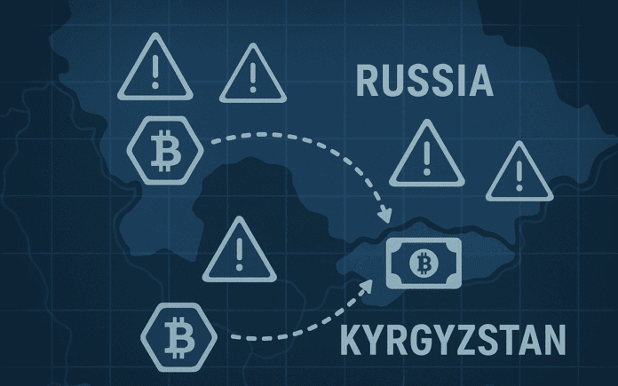A digital map highlighting Kyrgyzstan and Russia, with arrows representing crypto flows, overlaid with compliance and sanctions warning icons.