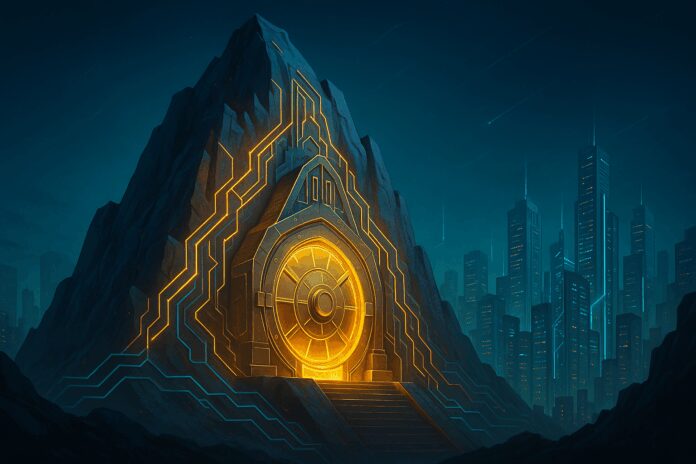 Illustration of a massive vault door carved into a mountain, its outlines traced by glowing blockchain circuitry in gold and neon, overlooking a futuristic fintech city skyline at dusk