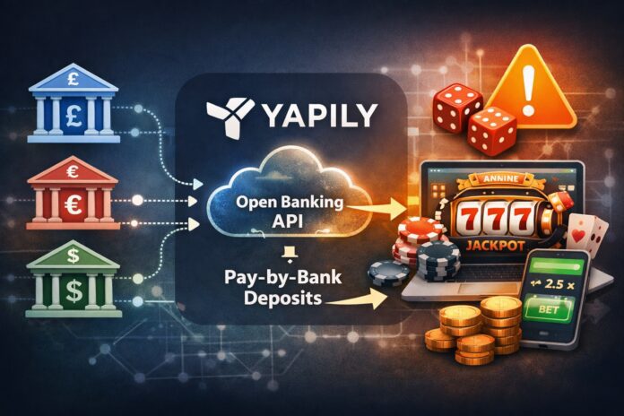 Open-banking rail map: Yapily API bridging banks to Pay-by-Bank deposits, with an orange compliance risk marker for iGaming exposure.