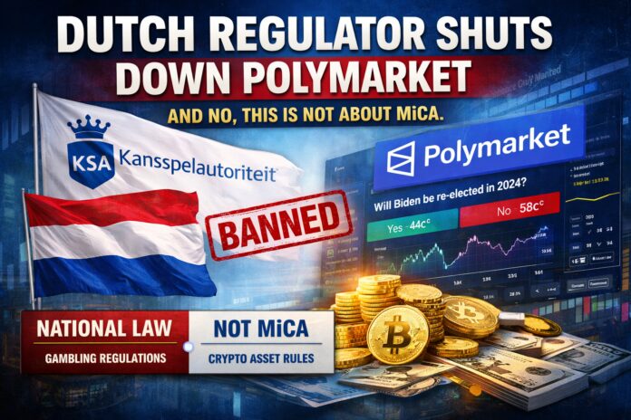 News-style graphic showing the headline “Dutch Regulator Shuts Down Polymarket – And No, This Is Not About MiCA,” featuring the Dutch flag, the Kansspelautoriteit (KSA) logo, a red “BANNED” stamp, the Polymarket logo on a trading interface screen, and visual elements referencing national gambling law versus crypto asset regulation.
