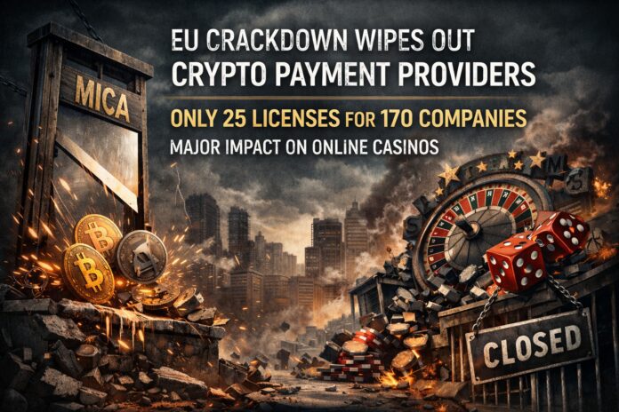 Illustration showing MiCA enforcement in the EU, with a guillotine labeled “MiCA” cutting through crypto payment symbols and casino elements, highlighting the impact on crypto payment providers and online gambling platforms.