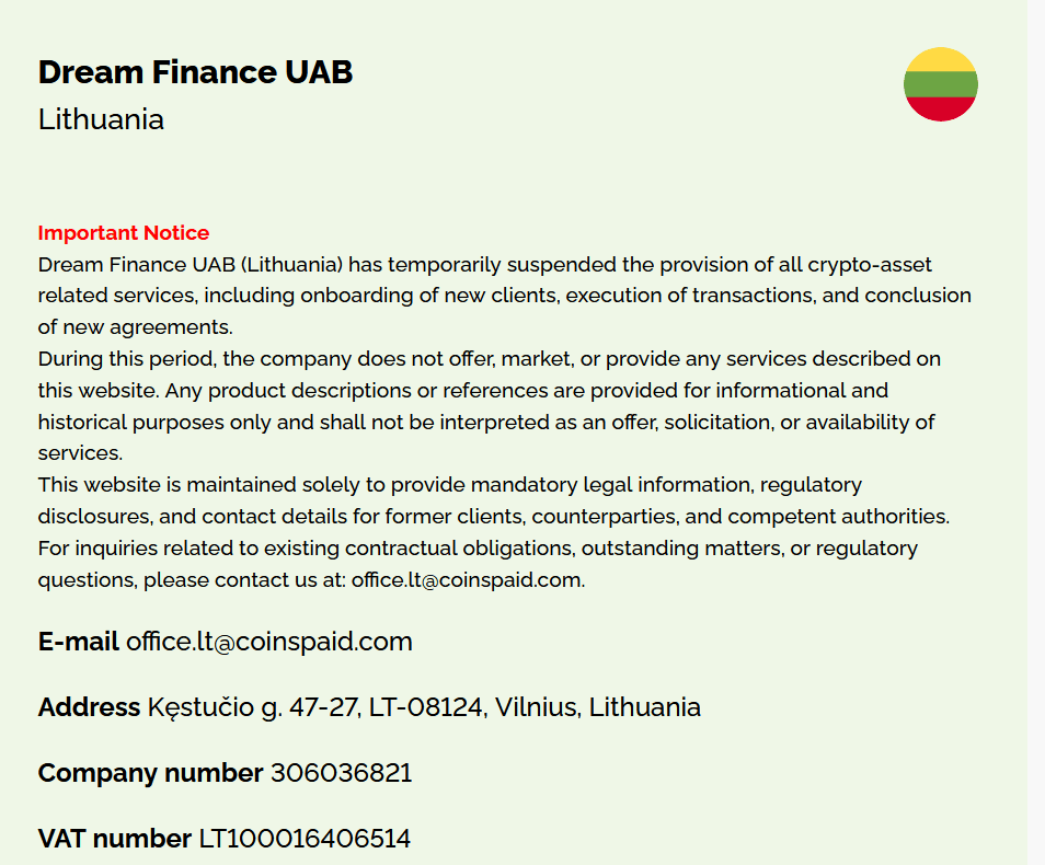 Crypto payment processor Dream Finance dba CoinsPaid and CryptoProcessing announces temporary suspension