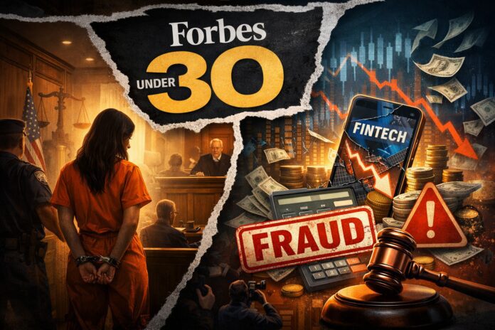 Illustration showing a fintech founder’s fall from Forbes 30 Under 30 fame to fraud charges, with courtroom, falling charts, and broken trust symbols.