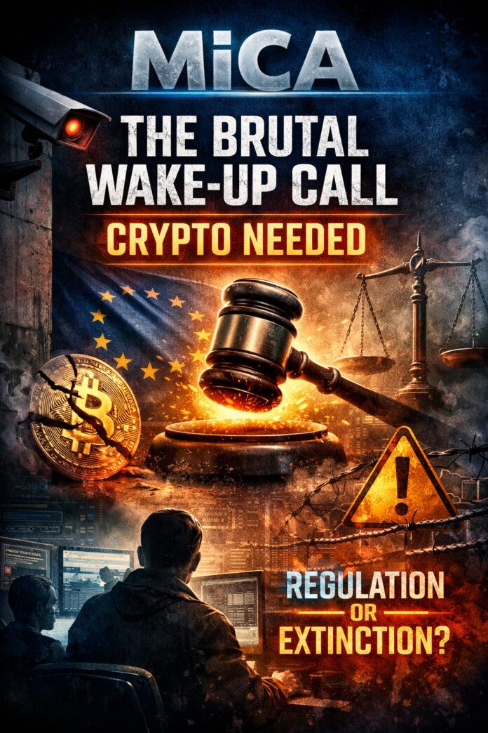 Illustration showing EU MiCA regulation enforcement, with a judge’s gavel striking crypto symbols against a European backdrop, representing regulatory pressure on the crypto industry.