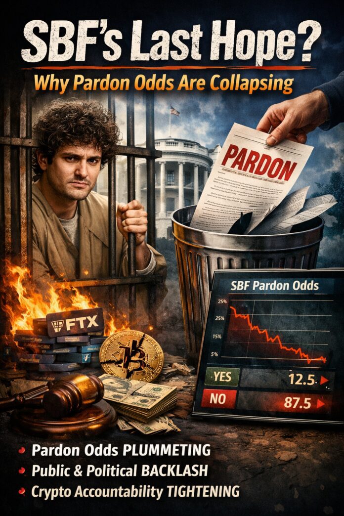Illustration of Sam Bankman-Fried behind prison bars with a concerned expression, while a “PARDON” document is thrown into a trash can in front of a blurred White House. Burning FTX logos, a cracked Bitcoin coin, and scattered cash symbolize the collapse, alongside a declining chart labeled “SBF Pardon Odds,” indicating falling chances of clemency.