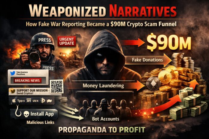 Investigative-style graphic illustrating a crypto scam using fake war reporting, showing a fake journalist, bot networks, malicious links, and a $90 million money laundering funnel driven by misinformation.