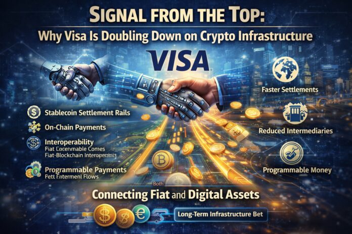 Infographic showing Visa’s expansion into crypto infrastructure, featuring blockchain networks, stablecoin settlement, programmable payments, and the integration of digital assets into global payment systems.