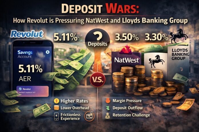 Infographic showing Revolut competing with NatWest and Lloyds in the UK deposit market, highlighting higher interest rates, deposit migration, and increasing pressure on traditional banks.