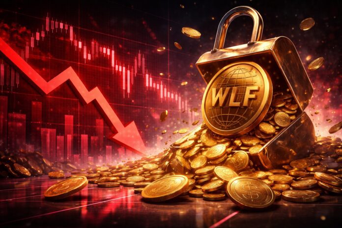 Digital illustration of a cryptocurrency market crash featuring a gold WLF coin spilling out of an opened padlock, with a sharp red downward price chart and falling tokens symbolizing sell pressure and token unlock impact.